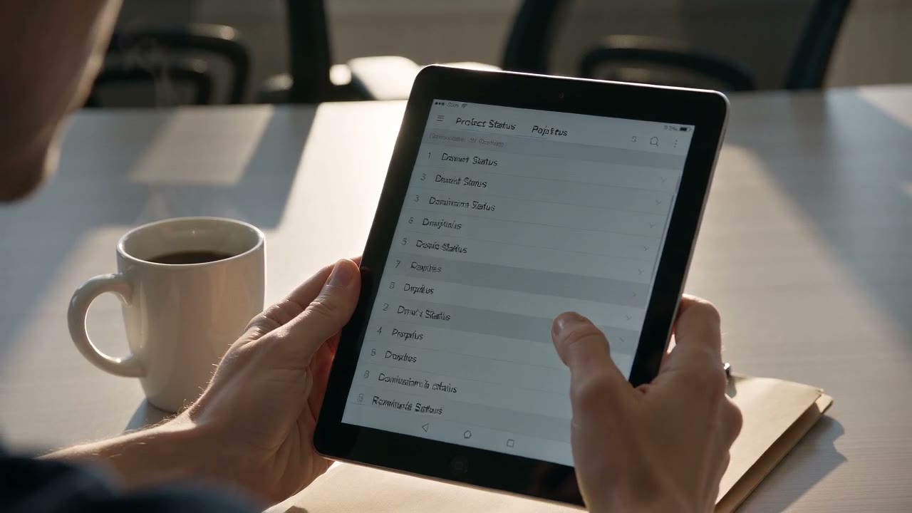 Hands holding a tablet with a project status list beside a cup of coffee
