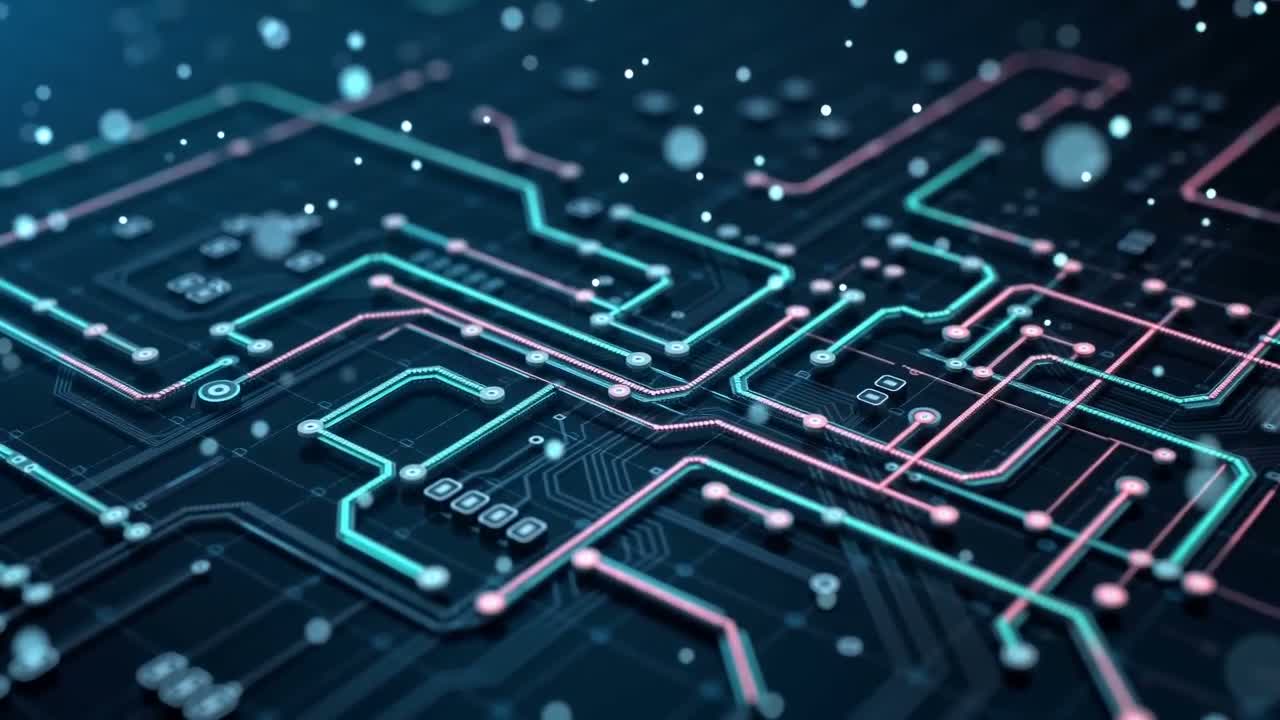 A close view of a glowing circuit board