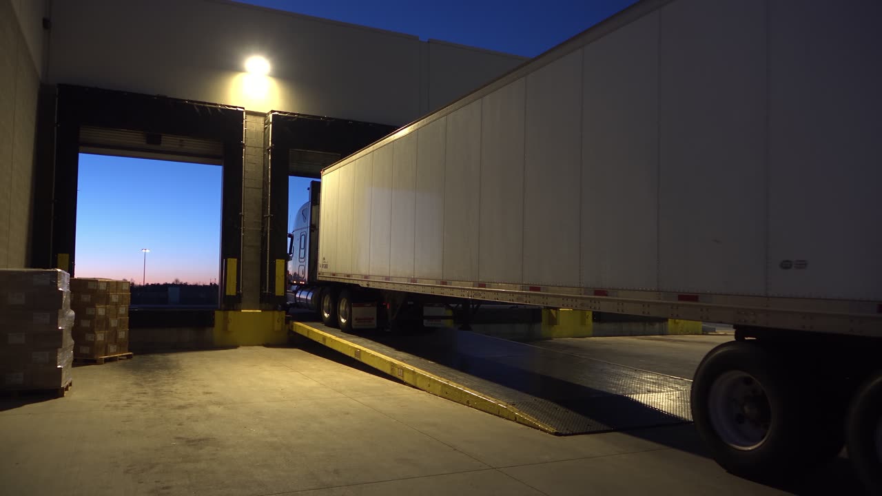 A box truck backed into a loading dock at dusk with stacked cartons