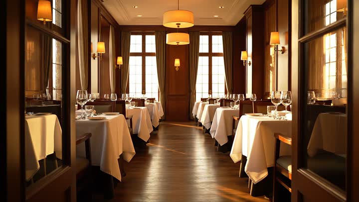 A dining room set for service at golden hour, white linen and glassware on every table, warm lamps overhead