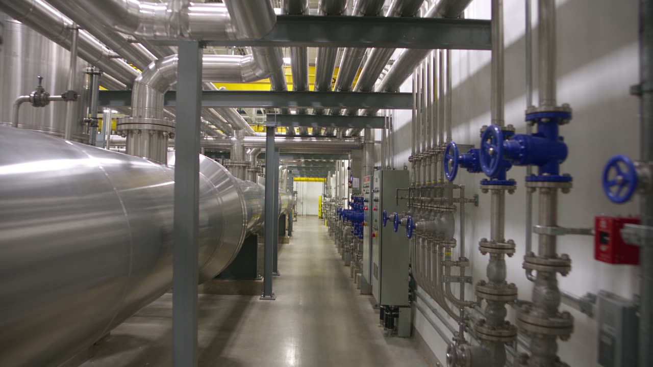 Walking a working plant aisle past stainless process piping and valve manifolds