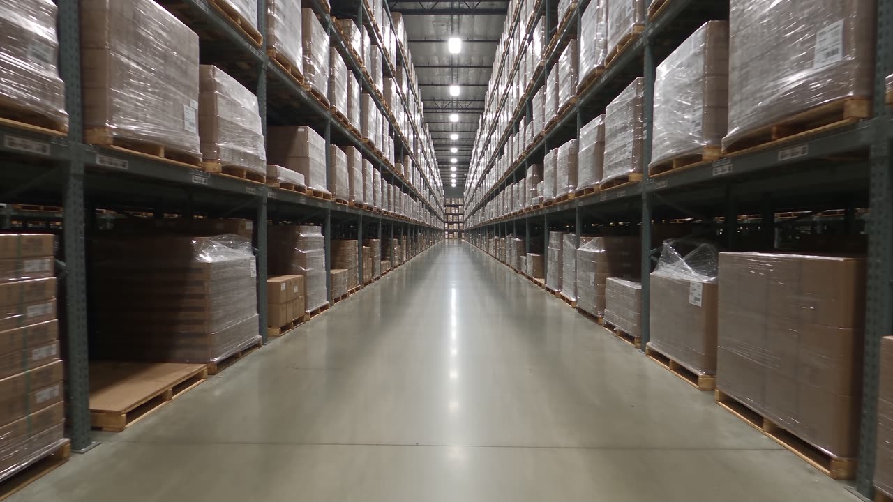 An aisle of steel pallet racking in a high bay warehouse