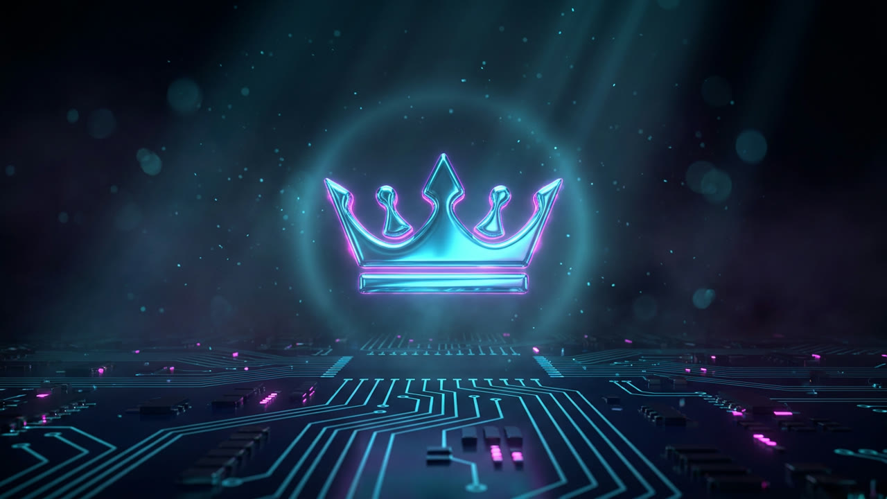 The WebKing crown glowing over a circuit board