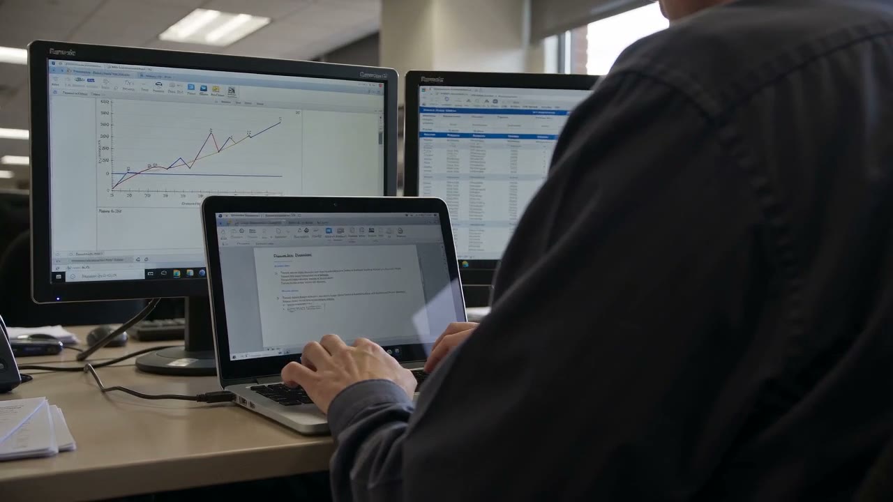 An analyst at a desk with a laptop and two monitors showing a rising chart and a spreadsheet