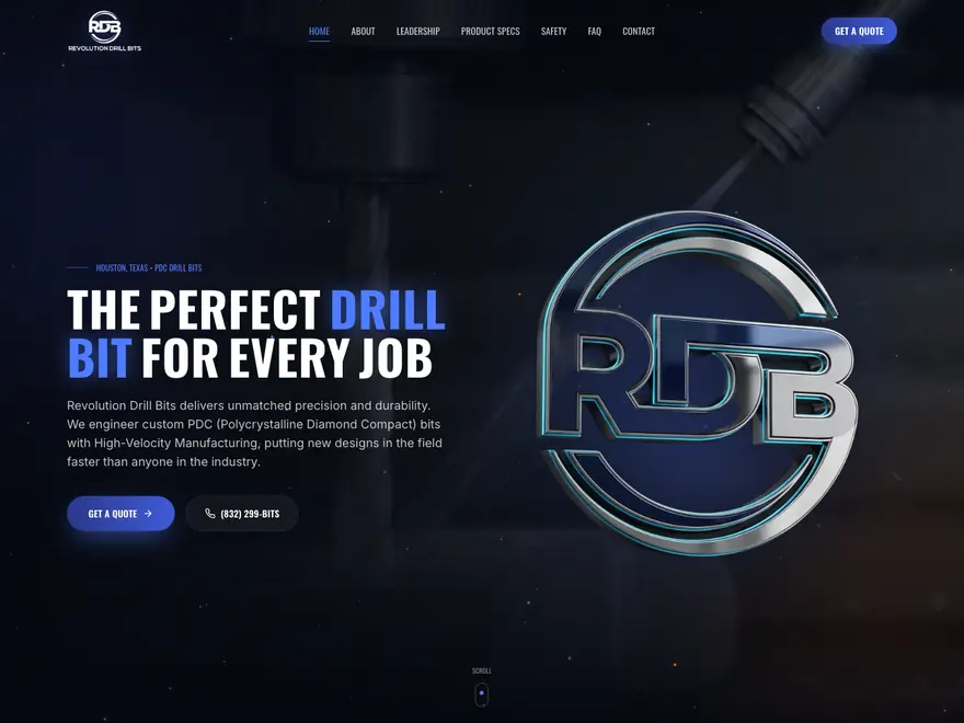 Revolution Drill Bits website built by WebKing, showing a 3D chrome logo over a dark industrial hero